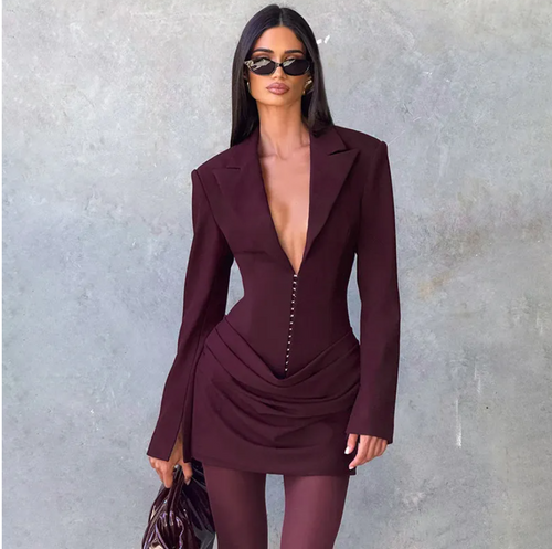 Sculpted Deep-V Burgundy Blazer Dress